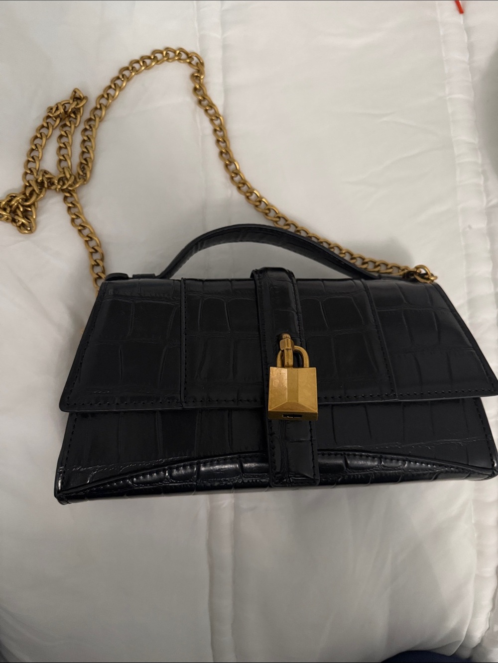 Zara Black Croc Shoulder Bag with Gold Chain and Padlock